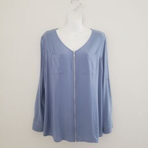 Soft Surroundings Tunic Top Medium Blue Full Zip Closure Flowy Minimalist